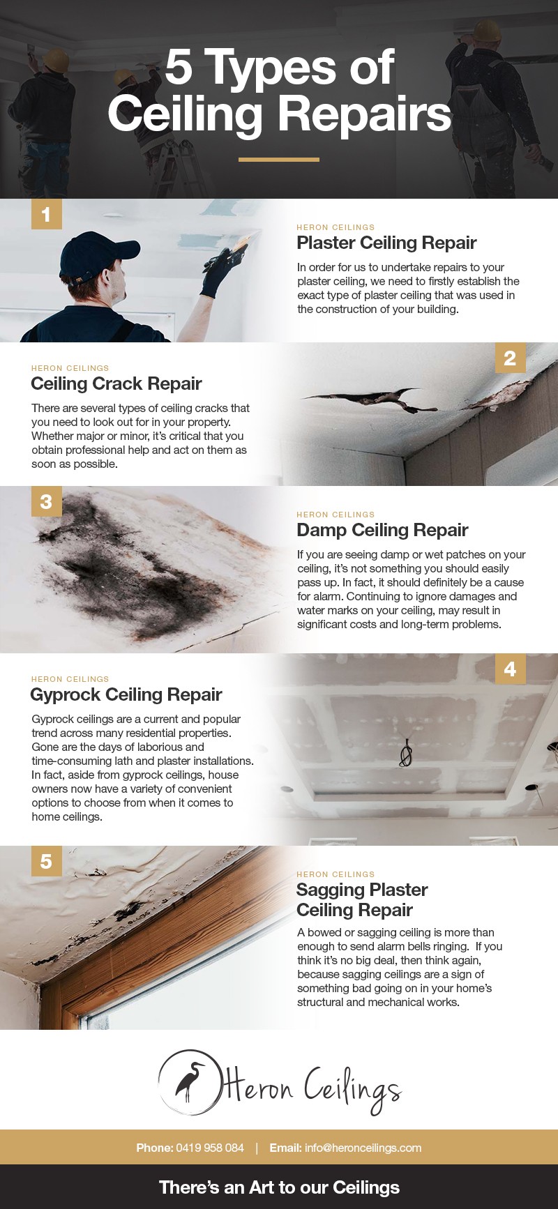 Infographic on 5 Types Of Ceiling Repairs by Heron Ceilings
