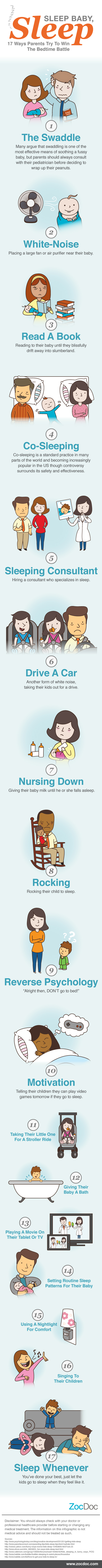 Infographic on Sleep Baby, Sleep - 17 Ways Parent Try to Win the Bedtime Battle by ZocDoc