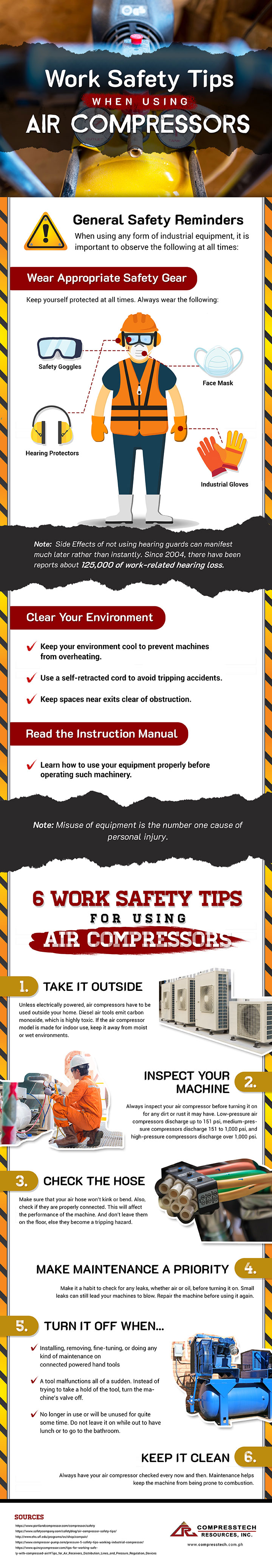 Infographic on Work Safety Tips When Using Air Compressors by Compresstech